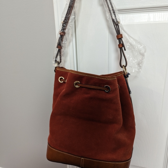 Dooney & Bourke Drawstring Bucket Bag Orange Suede Leather - Picture 8 of 8